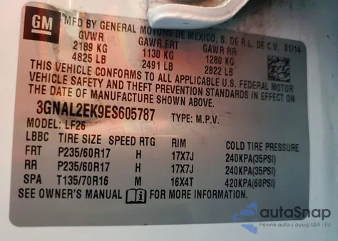 2014 Chevrolet Captiva Ls z USA, uszkodzony, nr VIN 3GNAL2EK9ES605787